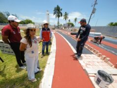 Supervisa Mara Lezama avances en la colocación de la superficie sintética en la primera pista de atletismo certificada de la Península en Chetumal