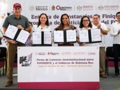 Firma Mara Lezama con FOVISSSTE convenio para subsidio de cancelación de hipotecas durante entrega de 188 constancias de finiquito