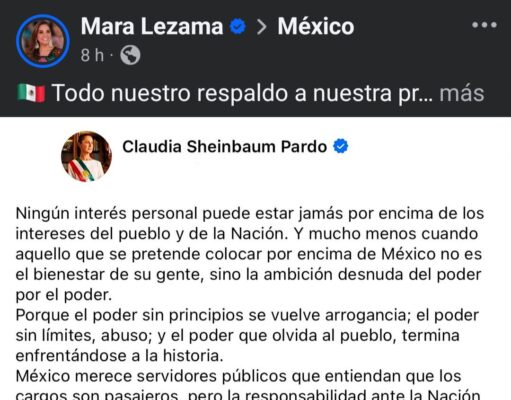 Respalda Mara Lezama Espinosa mensaje de la presidenta Claudia Sheinbaum